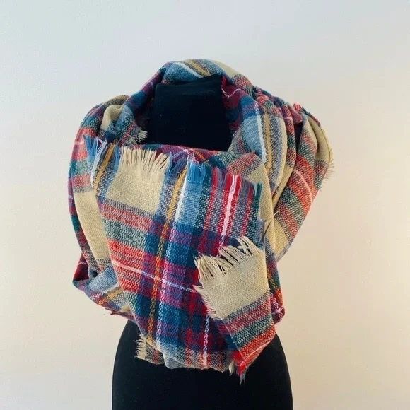 OLIVE and pique scarf large plaid acrylic 79”x 27” cream red green blue white - Picture 2 of 12